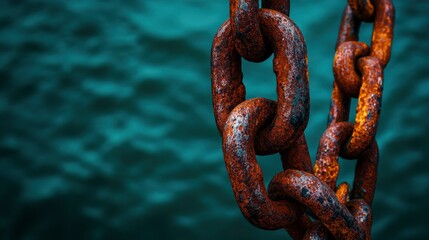 Fototapeta premium Rusty Chain Against Teal Water Background