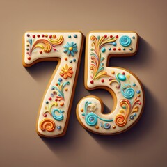 Decorated cookie, number 75, image for birthday or anniversary celebration