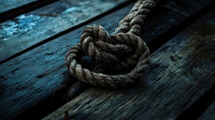 Fototapeta premium Nautical Rope Knot on Weathered Wooden Planks