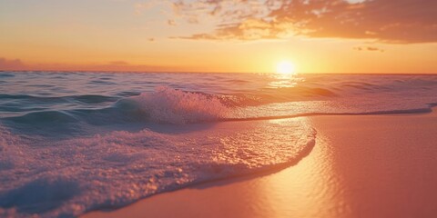Fototapeta premium Golden Hour at the beach features a beautiful sunset as you unwind and relax by the calming ocean waves, soaking in the serenity of the moment.
