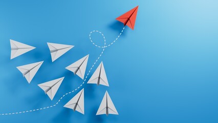 Leaderplane and paper planes.new ideas. paper art style. creative idea.3D rendering on blue background. © feng
