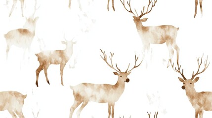Naklejka premium Watercolor Silhouette of a Herd of Brown Deer on a White Background