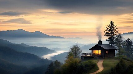 Fototapeta premium A picturesque mountain landscape at dusk, with a cozy cabin nestled among the trees. Smoke gently rises from the chimney, and a person is seen relaxing on the porch, soaking in the beauty of 