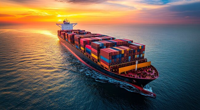 A cargo ship loaded with colorful containers sailing on calm waters during a stunning sunset over the horizon