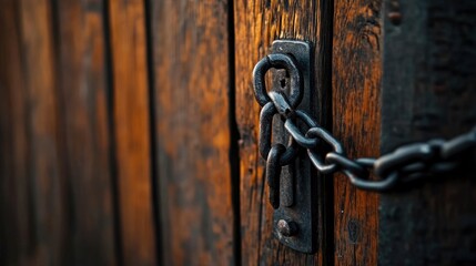 Fototapeta premium Close-up of a Rusty Chain and Lock on a Wooden Door