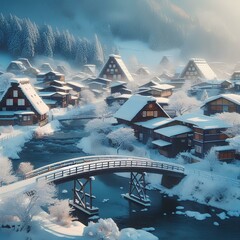 Japanese village in winter and snow-covered bridge.