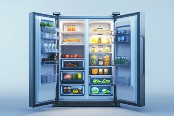 A modern refrigerator filled with fresh food, beverages, and organized storage in a bright kitchen environment