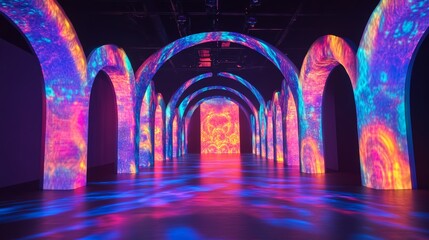 A stage illuminated with vibrant lights, creating a dynamic and energetic atmosphere for the performance