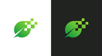 Green leaf technology logo design vector. Green tech pixel logo icon design