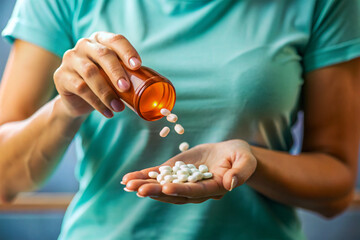 woman pouring pills into hand, holding medicine bottle taking overdose pills, Woman's hand pours the medicine pills out of the bottle