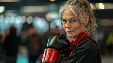 Beautiful middle-aged woman at a fighter sporting event, AI generated image