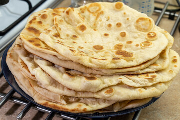 Many tasty homemade tortillas.Baking Bread. pita. Food concept