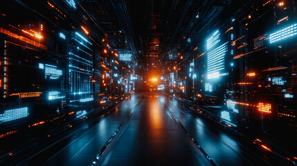 Explore a captivating, futuristic data network featuring glowing documents floating in a high-tech corridor. Perfect for technology-themed projects.