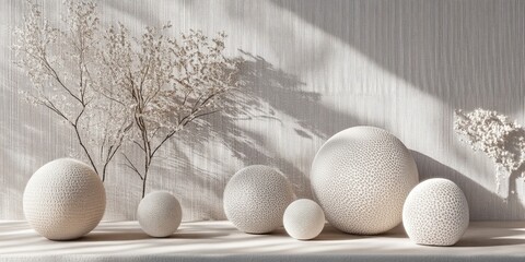 A creative workspace mockup showcasing an arrangement of mesh balls alongside organic shapes, highlighting unique designs and innovative elements in the environment.