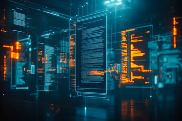 Experience a futuristic data network featuring floating digital documents. This vivid scene captures the essence of advanced technology and innovation.