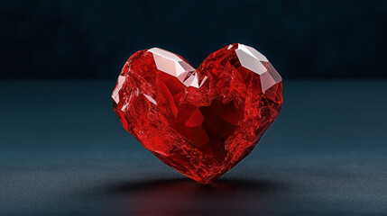 A detailed close-up of a polished red crystal heart with faceted surfaces, placed against a dark, neutral background.