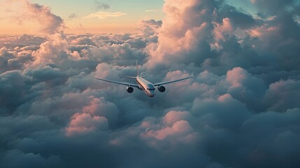 Naklejka premium Commercial airliner navigates through fluffy clouds illuminated by gentle soft lighting during the early evening. The scene captures the grace and elegance of air travel with photo style copy space.