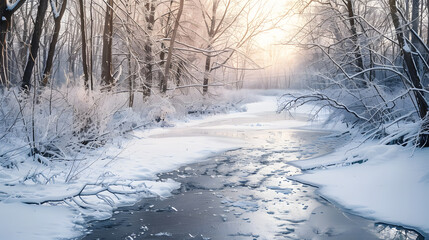 Majestic frozen river in winter landscape with snow-covered trees and misty atmosphere for peaceful charm