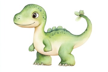 Adorable Green Dinosaur Watercolor Illustration for Children’s Decor