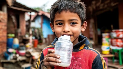 Young Boy Drinking Milk in Nepal