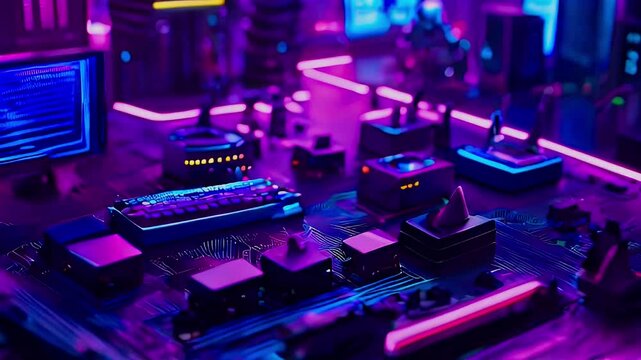 Retrofuturistic computer setup with a monitor, keyboard, and various other devices in a neon light-filled room.