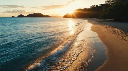 Obraz premium Tranquil beach at sunrise offers serene views with soft waves gently lapping the shore, perfect for capturing the essence of a peaceful morning by the water, with ample space for text.