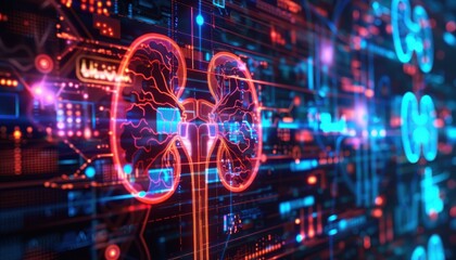 kidney testing results on digital interface on laboratory or surgical background, innovative technology in science and medicine concept. medical technology