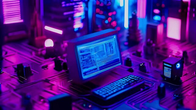 Neon lit computer monitor and keyboard on a circuit board.