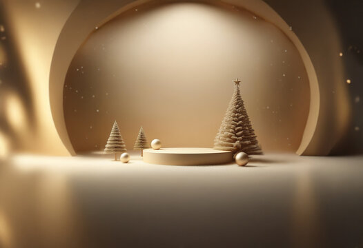 A minimalistic Christmas scene featuring a podium and three fir trees, set against a backdrop of muted gold tones and soft lighting.