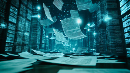 This futuristic image showcases a high-tech data network with floating documents enveloped in a glowing environment, representing advanced digital interaction and innovation.