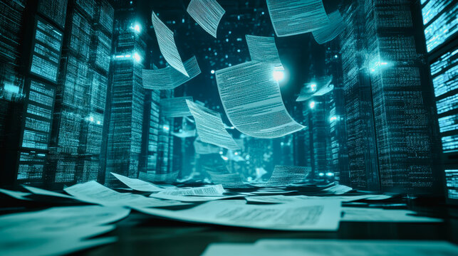 This futuristic image showcases a high-tech data network with floating documents enveloped in a glowing environment, representing advanced digital interaction and innovation.