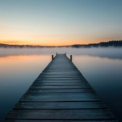 Peaceful Lakeside View with a Pier at Dawn
