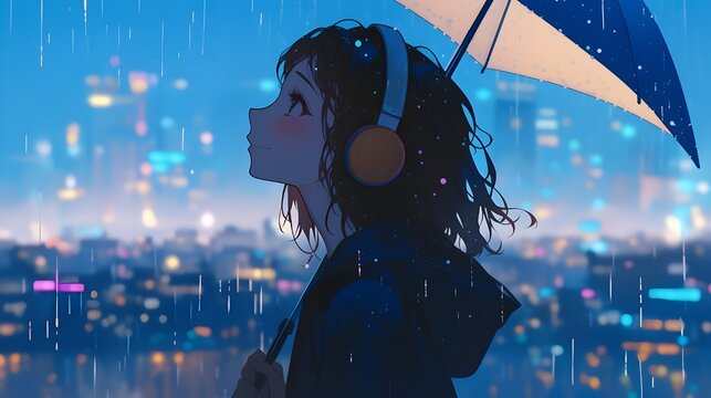 Lo-fi anime girl listening to music with headphones. Cozy vibes retro manga style illustration. Abstract raining city landscape background.