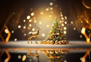 Naklejka premium A golden reindeer stands beside a Christmas tree adorned with golden ornaments and surrounded by sparkling lights.