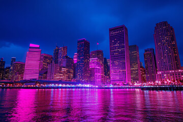 Fototapeta premium Modern skyscrapers glowing with vibrant pink neon lights against dark night sky. Futuristic cityscape banner