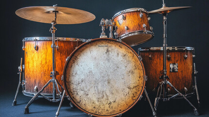 Obraz premium Vintage wooden drum set with cymbals against a dark background in a studio setting