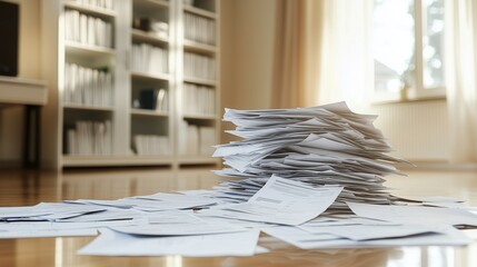 Messy pile of documents and papers on the floor in a bright, airy room, creating a cluttered workspace during the afternoon