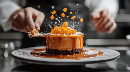 Professional kitchen with chef plating orangecoffee opera cake