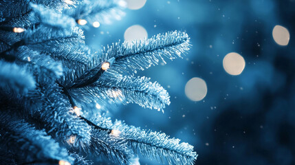 Christmas tree with cool color scheme, featuring blue lights and snowy ambiance, creates serene holiday atmosphere