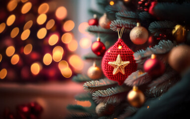 Fototapeta premium A close-up of a red crocheted Christmas ornament with a gold star hanging on a Christmas tree. The background is blurred with bokeh lights.