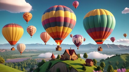 Obraz premium Vibrant hot air balloons float over scenic hilltop villas at sunrise