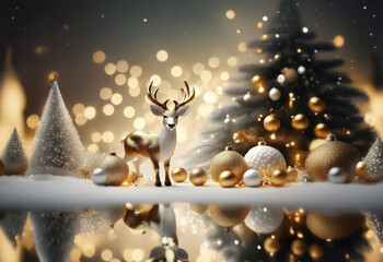 Naklejka premium A white and gold deer figurine stands in front of a decorated Christmas tree, with snow and golden lights in the background.