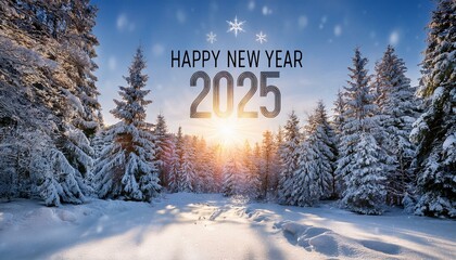 Snowy forest landscape with Happy New Year 2025 text overlay, sunlight shining through winter trees creating a festive, peaceful atmosphere. AI generated
