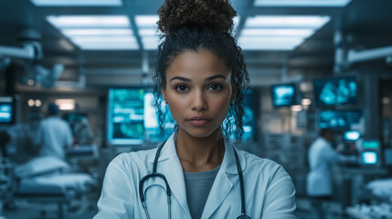 Obraz premium Compassionate healthcare professional in a modern hospital setting during a busy shift
