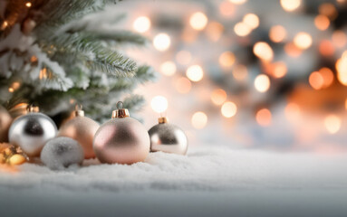 A close-up shot of Christmas ornaments nestled in the snow with a blurry background of twinkling lights and pine branches.