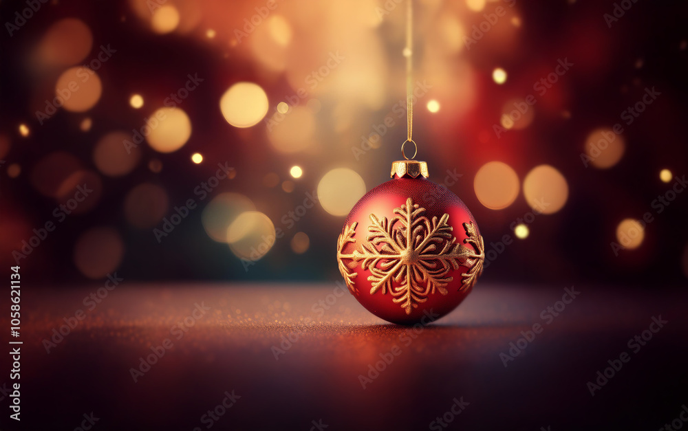 Poster a single red christmas ornament with gold snowflakes hangs against a bokeh background of warm lights