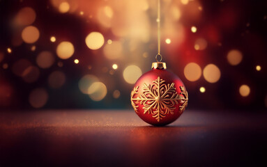 Obraz premium A single red Christmas ornament with gold snowflakes hangs against a bokeh background of warm lights.