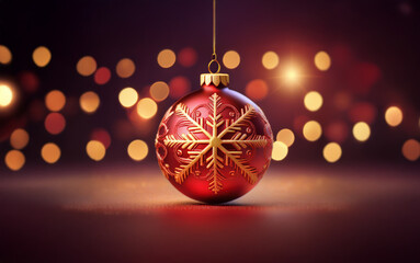 Obraz premium A single red Christmas ornament with a golden snowflake design hangs against a background of blurred golden lights.