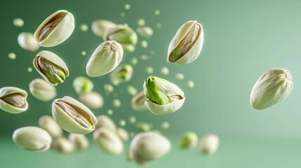 Falling Pistachio Nuts  Green Background  3D Render