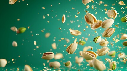 Falling Pistachio Nuts  Green Background  3D Render